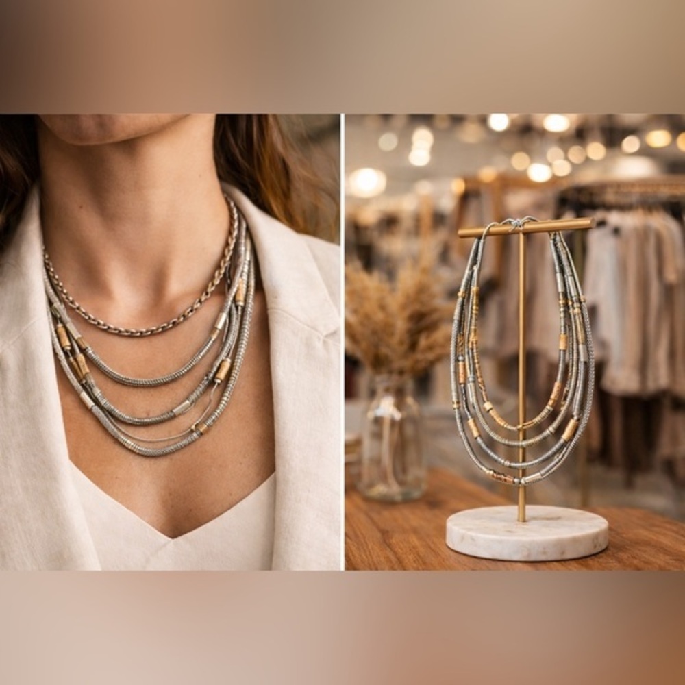 WHBM multi-strand statement necklace w/silver mesh,suede strand,rustic beads⛓️‍💥